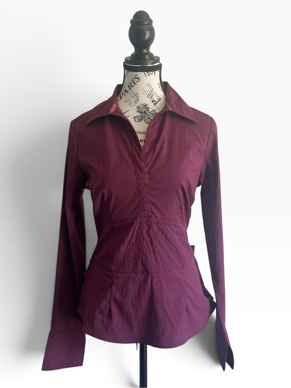 TWIK by Simons Y2K Burgundy Plum Maroon Waist Tie Back Blouse Office Siren